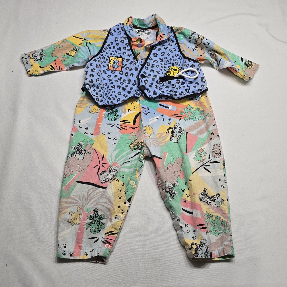 Vintage 80's Cache Cache Kids Animal Zoo Print Romper With Vest & Plush Toy